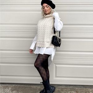 Full outfit! Sweater, button up, hat, purse, and tights!